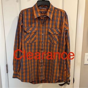 Izod 100% Cotton Button Down Men’s Size L Blue/Orange Plaid Fall Preppy